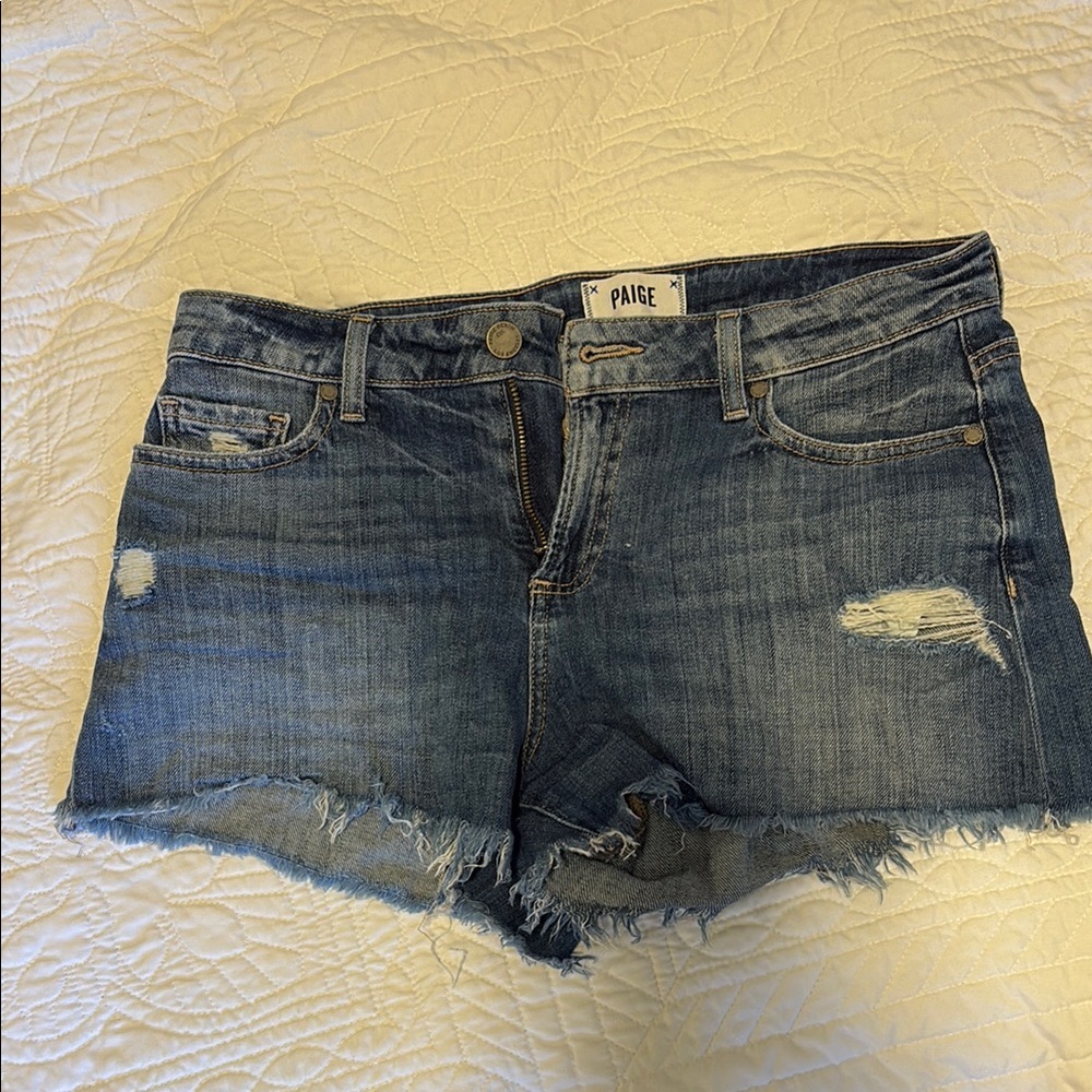 PAIGE Blue Distressed Jean Shorts